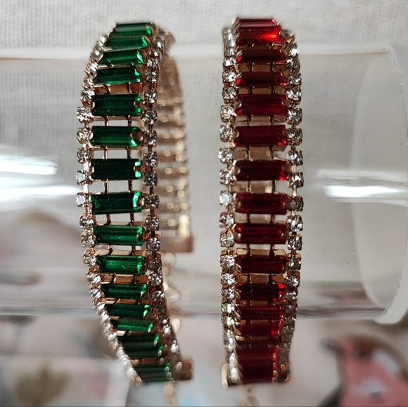 2 Guess Brand Red and Green Emerald Stones Baguette Gold Tone Y2K Bracelets - Picture 2 of 14